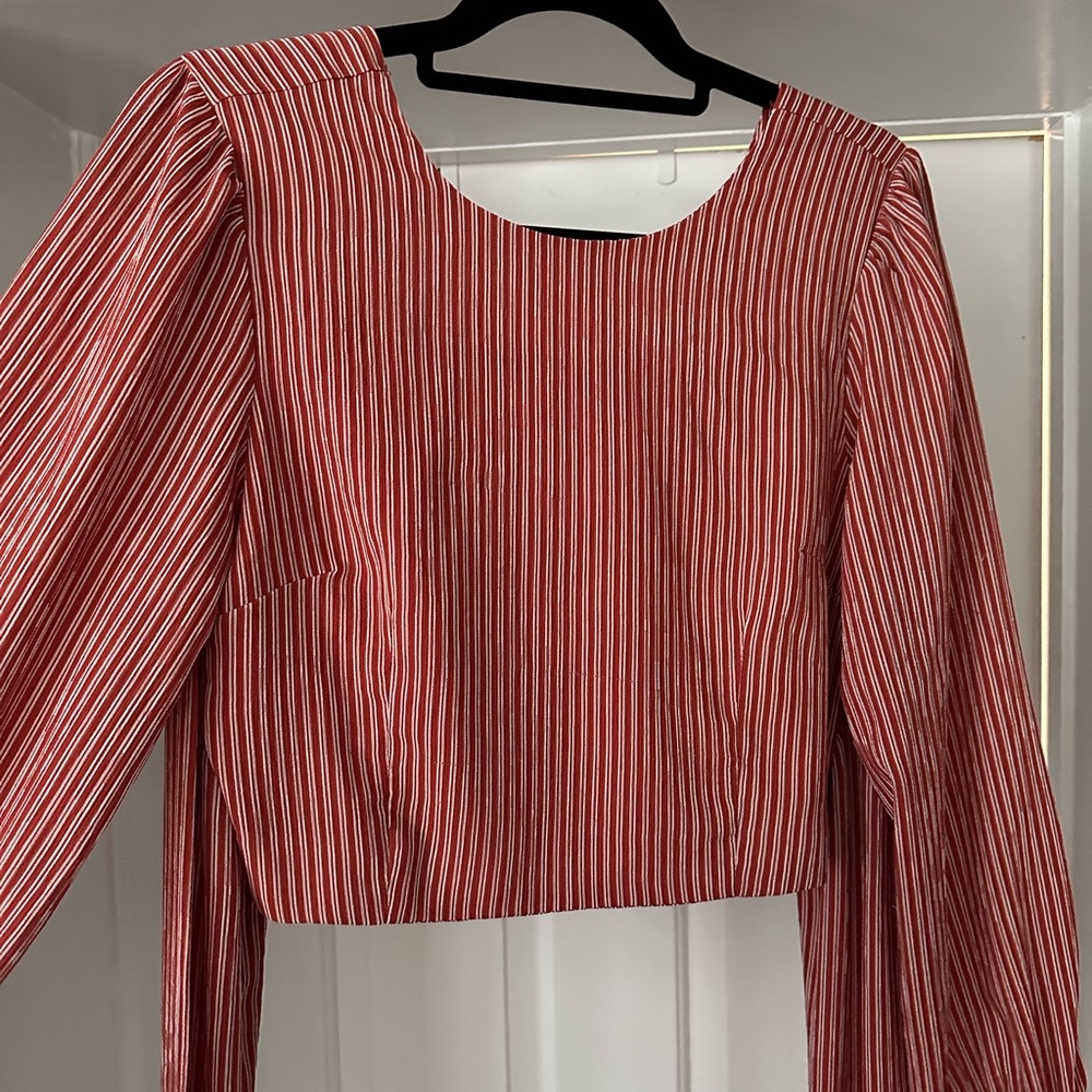 J.O.A. Red Boxy Crop Blouse with Tie Waist